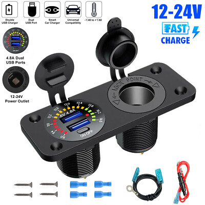 12V/24V Dual USB Car Fast Charger Socket Power Outlet Voltmeter Boat Marine RV