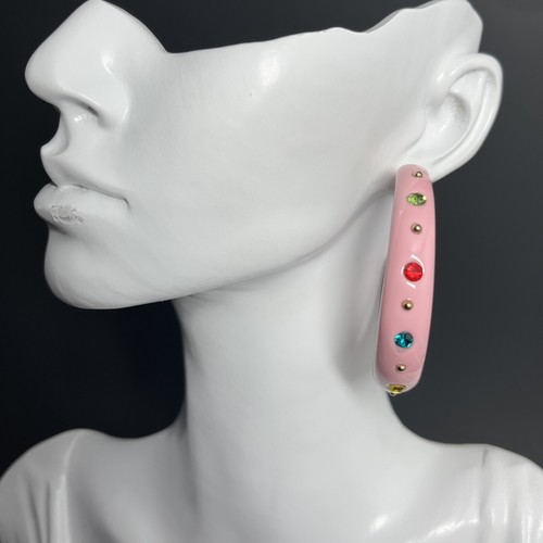 Pink Lucite Hoop Earrings Rhinestone Multicolor Studded Pierced Dangle 2” Big - Picture 7 of 11