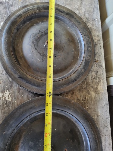 2 VINTAGE BLACK METAL WAGON CART WHEELS 12" FIRESTONE HARD RUBBER - Picture 9 of 10