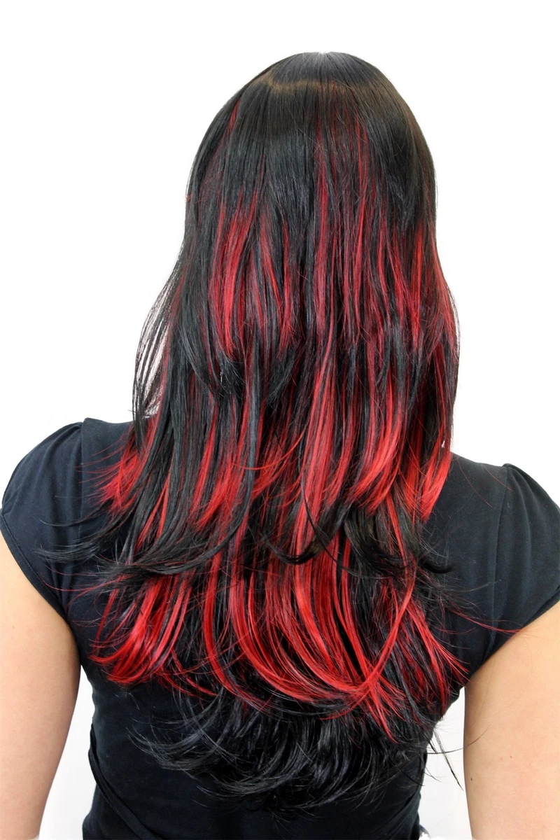 Perruque Femme Femmes Noir Rouge Méché Lisse Mèches Long 60cm GFW824-13 eBay