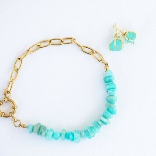 Amazonite Jewelry Set Raw Stud Earrings & Gold Beaded Chunky Bracelet PRETTY