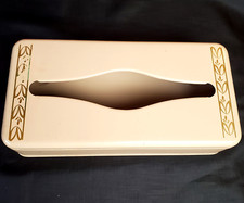 Vintage Ransburg Painted Metal Tissue Holder Light Pink w/Gold Leaves Design