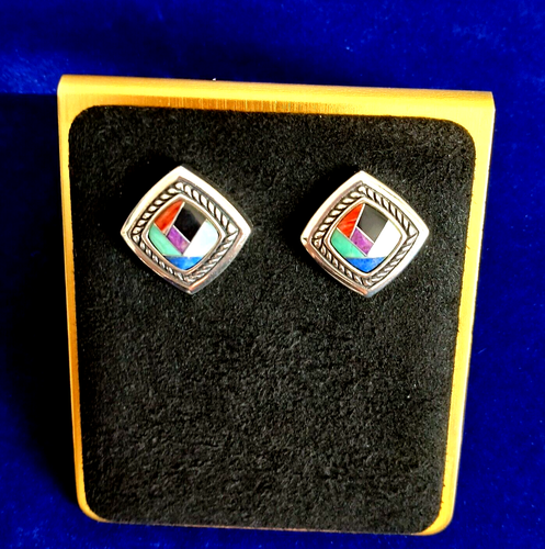 Pendientes con incrustaciones de piedras preciosas múltiples de Carolyn Pollack ~ Turquesa-MOP-Lapis-Onyx++ - Imagen 3 de 12