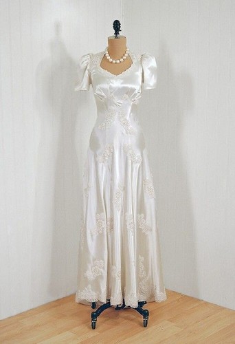 Satin Wedding Dresses Short Sleeve Floral Elegant A-Line White Ivory Bridal Gown - Picture 2 of 9