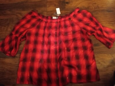 SOHO by NYC Shoulder Off Plaid Blouse SZ XL 3/4 Sleeve Dark Pink ptp 26''