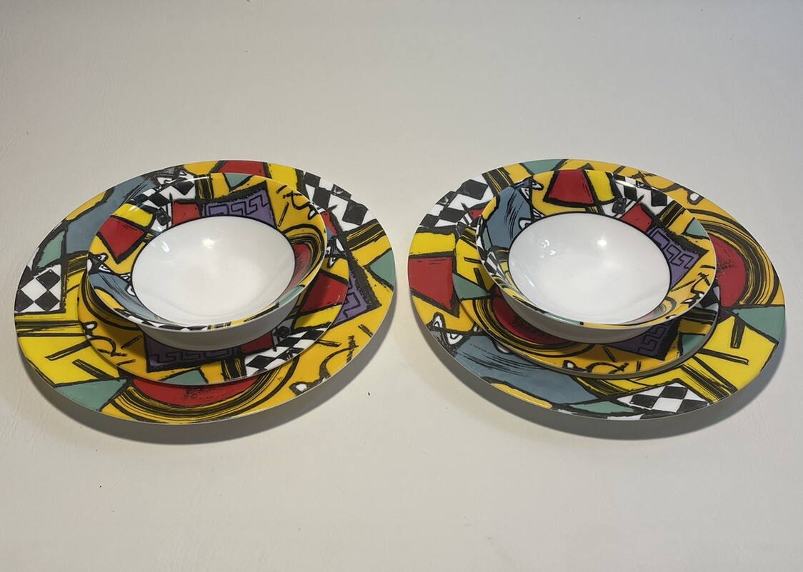 ARCOPAL  Santiago Patchwork Glass Set Of 6! Dinner Plates, Sides & Bowl FRANCE