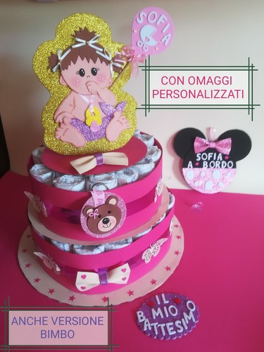 TORTA DI PANNOLINI 60 + OMAGGI + OROLOGIO PARETE CON NOME BIMBO O BIMBA  - Foto 1 di 12