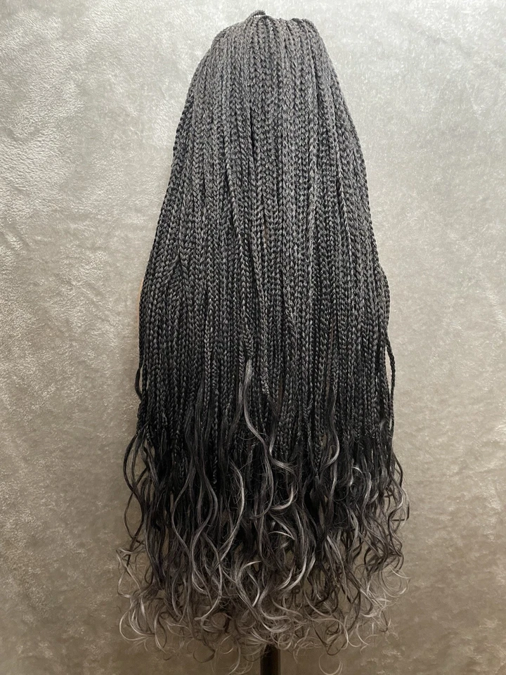 "Peluca trenzada de caja larga de 40"" - Frente de encaje | Extremos rizados negros/grises | Gorra de malla sintética" Foto 3 de 4