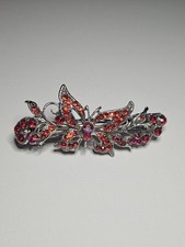 Red Rhinestone Butterfly Hair Barrette Crystal Sparkly Silver Flower Clip Women