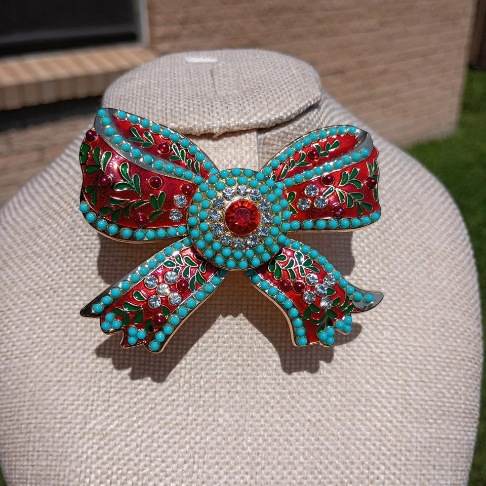 Christmas Brooch Poinsettia Bow Red & Green Enamel Teal Rhinestone Gold Tone - Image 2 of 4