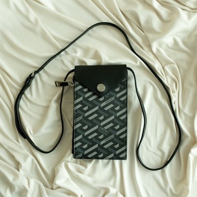 Versace La Greca Signature Crossbody Phone Pouch Leather Black Gray NWOT