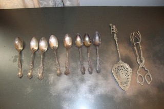 LOT OF 8 PAT’D AND ADAMS VINTAGE STERLING SILVEER SPOONS TONG SPATULA