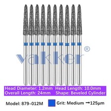 10/pk Dental FG High Speed Diamond Burs Beveled Cylinder 879-012M Medium Grit