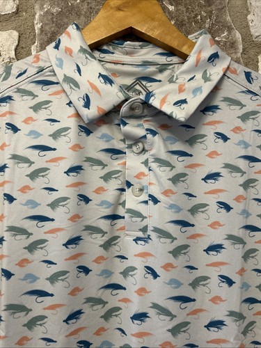Polo Burlebo Performance stampa esche pesca a mosca taglia M asciugatura rapida nuova con etichette $56 - Foto 6 di 6