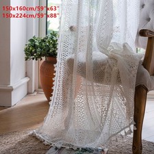 Home White Crochet Boho Curtain Sheer Lace Handmade Tassels Knitted Window Drape