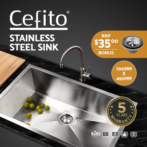 Cefito Kitchen Sink 70X45CM Stainless Steel Basin Single Bowl Silver - Picture 1 of 8