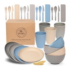 28 Piece Wheat Straw Dinnerware Set Lightweight Picnics RV Camping Plates New