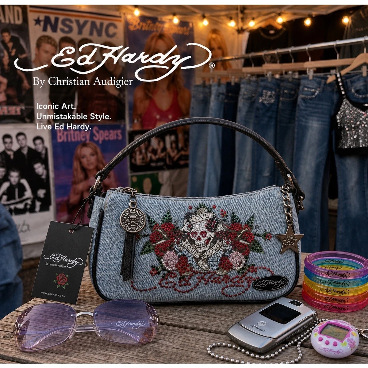 Ed Hardy Light Blue Denim-Style Embellished Mini Backpack and Zip Wallet Set Ed Hardy Backpacks - Etsy main image 4