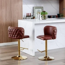 Modern Upholstered Pu Bar Chair Set Of 2 With Back Tufted And Nailhead Gold Bar