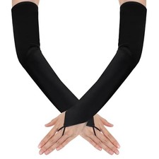 Long Fingerless Gloves,Black Satin Gloves for Bridal Wedding Party Goth Punk
