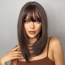Womens Dark Brown Wig with Bangs Layered Hair Medium Long