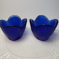 Cobalt Blue Ribbed Floral Design Votive Holders Set Of 2