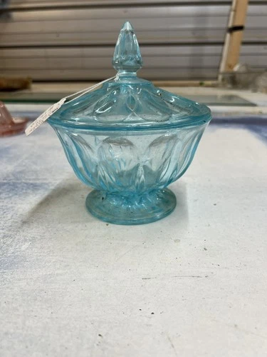 VTG Anchor Hocking "Fairfield" Light Blue, Glass Candy Dish w/ Lid, 7" tall