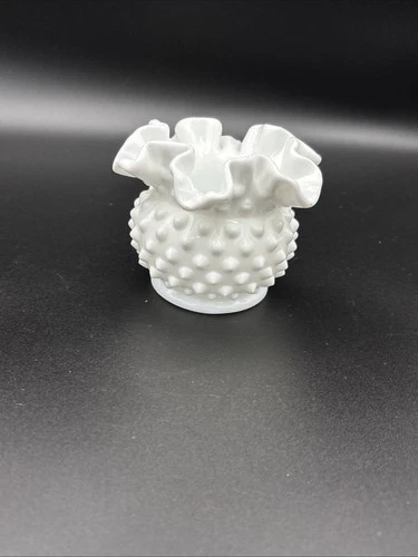Vintage Fenton Hobnail White Milk Glass Ruffled Small Round Vase 3” High