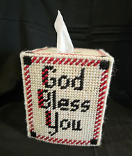 God Bless You Vintage Handmade Needlepoint Tissue Box Holder Plastic Canvas