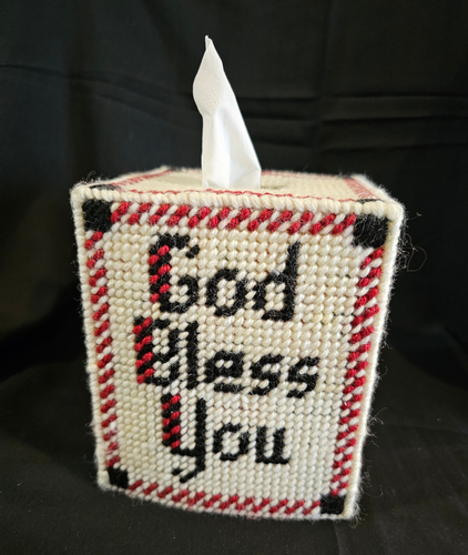 God Bless You Vintage Hecho a Mano Caja de Pañuelos de Punta de Aguja Soporte Lona de Plástico - Imagen 1 de 5