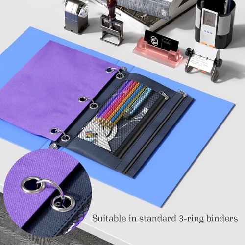 2 Pack 3 Ring Binder Pencil Pouch Zipper Pulls Pencil Case with Mesh Window - Picture 6 of 7
