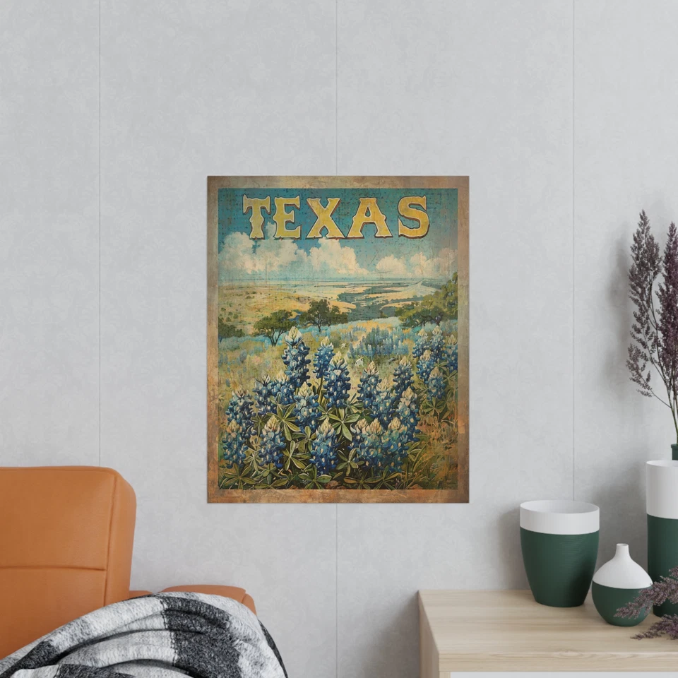 Póster de viaje vintage TEXAS BLUEBONNET, decoración floral botánica del estado Foto 4 de 4