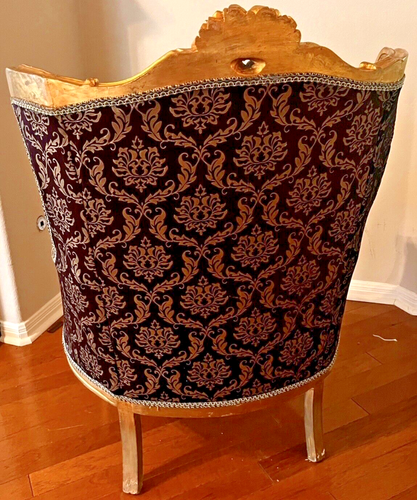Hollywood Glamour Louis XV Style Gilt Wing Chair (A) Purple Damask Velvet 1960s - Picture 22 of 24