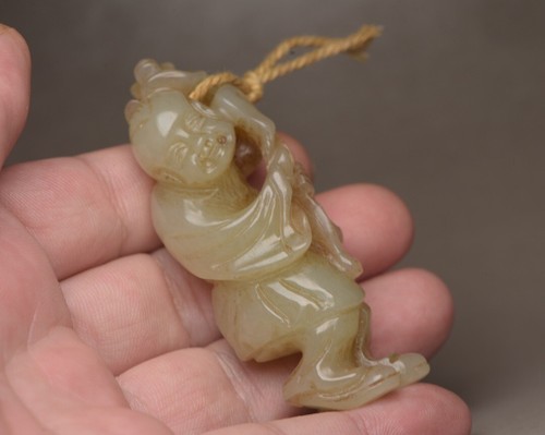 1.8" Old Chinese Hetian Nephrite Jade Stand Tongzi Boy Monkey Statue amulet N033 - Picture 9 of 9
