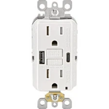 (1)-Leviton SmartlockPro White 2-Port USB Charging Outlet W/5-15R Self-Test GFCI