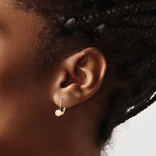 14K Solid Yellow Gold 5mm Pink Round Freshwater Cultured Pearl Dangle Earrings - Picture 2 of 3