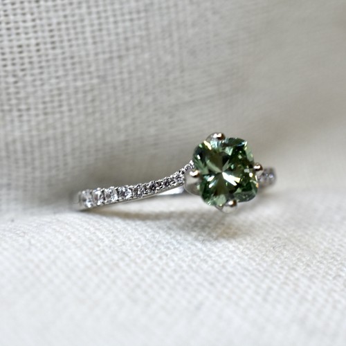 Platinum 1ct Cushion Cut Green Diamond Engagement Ring - Picture 4 of 10