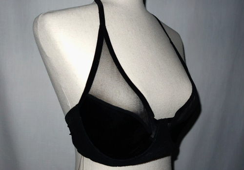 Fredricks of Hollywood M Junior Halter Bra Top Black Mesh & Velvet NWT - Picture 2 of 12