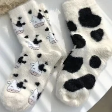 2 Pairs Plush Cow Pattern Mid Length Socks Casual Footwear Kawaii Sock Wear NEW