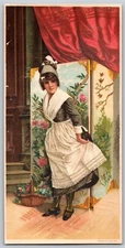 Royal Gloss Lump Starch Victorian Trade Card - Maid Stands Near Floral Divider