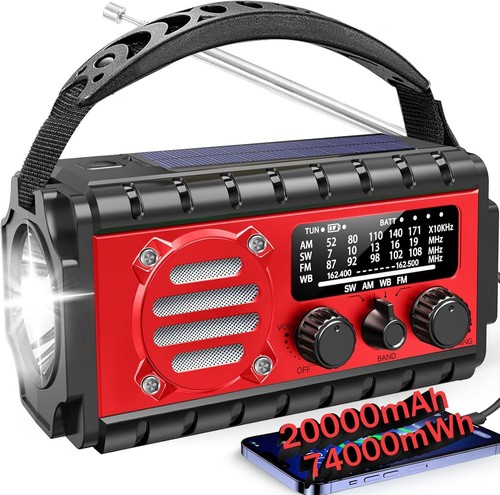 20000mah Emergency Radio, SW/NOAA/AM/FM Weather Radio, Solar Powered Hand Crank