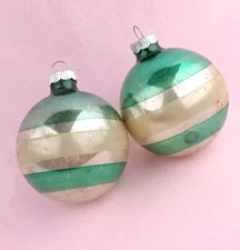 2 Very Vintage Shiny Brite  Ornaments Green White Stripes on Silver Glass 40s 3"
