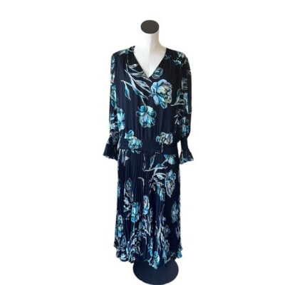 NWOT CHICO'S Crepe Pleated Floral Midi Dress SZ-16 Black Teal