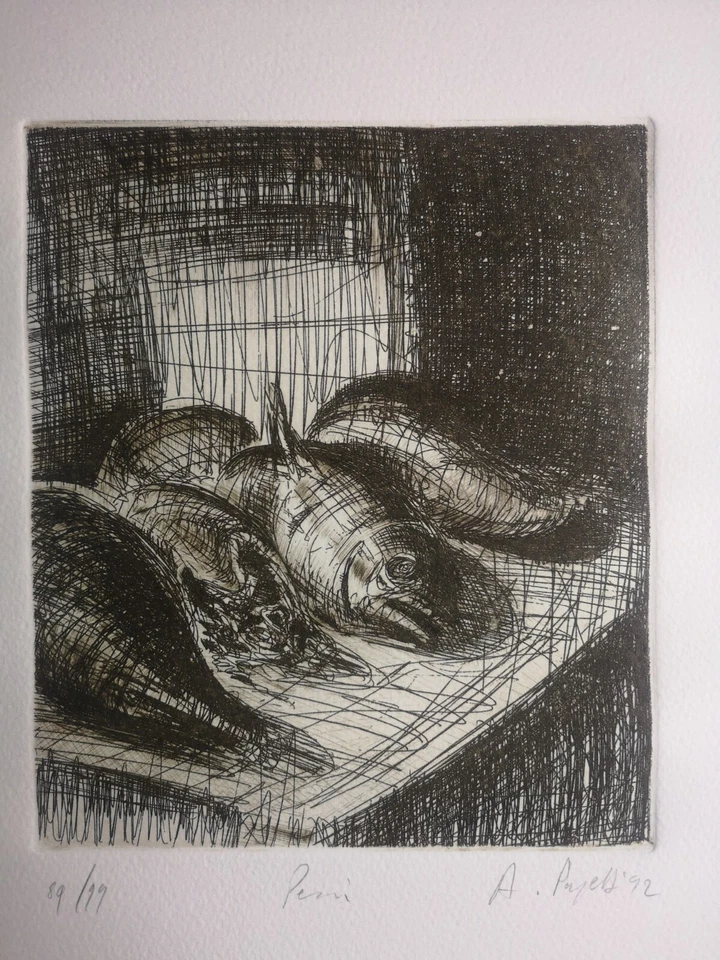 Incisione ALESSANDRO PAPETTI natura morta pesci arte contemporanea 46x36cm - Immagine 4 di 4