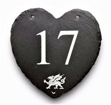 Engraved Large Slate Heart House Number Name Door Plaque Sign Welsh Dragon Wales
