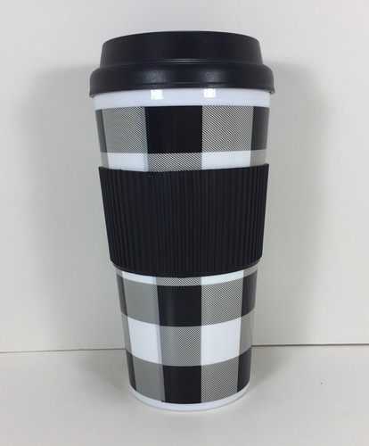 Plastic Tumbler TRAVEL MUG Coffee Tea Cup Lid Black White BUFFALO CHECK Gift - Picture 5 of 8