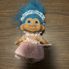 Vintage 1991 TNT Troll Doll Pink Lace Dress Teal Blue Hair Pink Eyes Headband 5