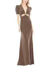 Mac Duggal Puff Sleeve Embellished Cutout Evening Dress Women's Brown 12