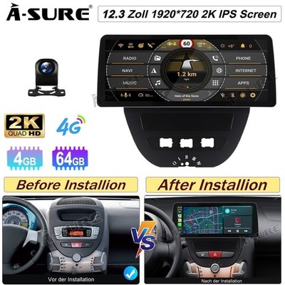 12.3'' Android 15 Autoradio FM Navi +Kam für Citroen C1 Peugeot 107 Toyota Aygo I