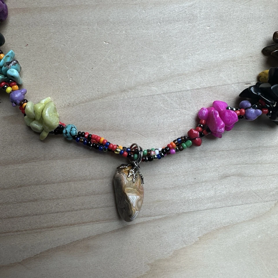 VTG Pendant Necklace 34" Agate Multicolor Stone Chips Glass Beads Boho Adjust - Image 2 of 4